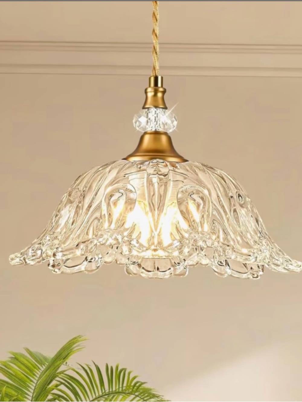 Vintage Crystal Glass Pendant Light Floral Shade Brass Hanging Ceiling Fixture